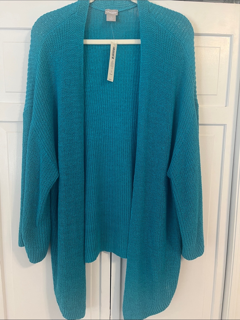 Chicos Blue Knit Cotton Blend Open Cardigan NWT Size 3
